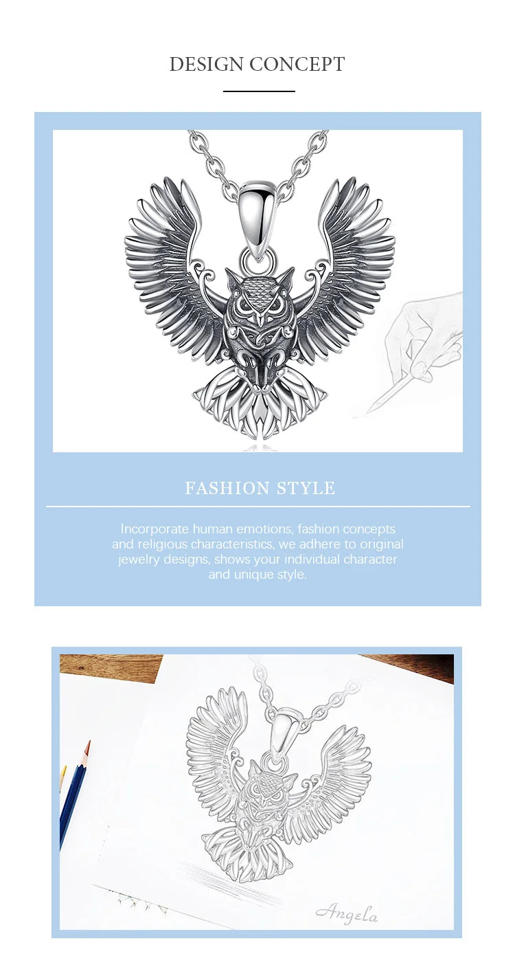 Eudora 925 Sterling Silver Cool Owl Necklace for Women Man Vintage Hip Hop Owl Amulet Pendant Personality Jewelry Party Gift