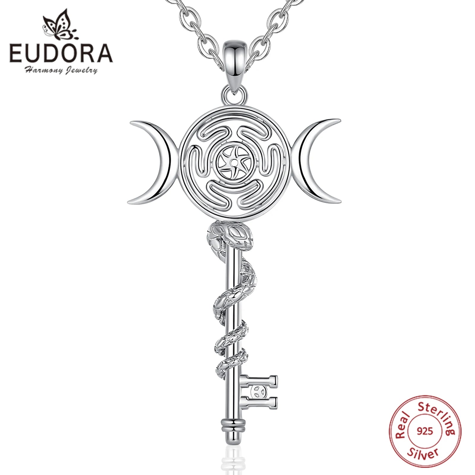 Eudora 925 Sterling Silver Hekate Wheel Necklace for Women Snake Key Triple Moon Goddess Pendant Witch Jewelry Personality Gift