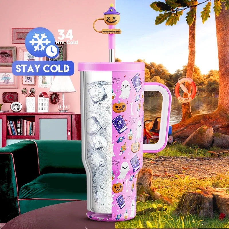 Meoky 40oz Tumbler Handle with Straw Cute Stopper Stainless Steel Insulation Coffee Cup Luminous Vacuum Car Mug Halloween Gifts - Charlie Dolly