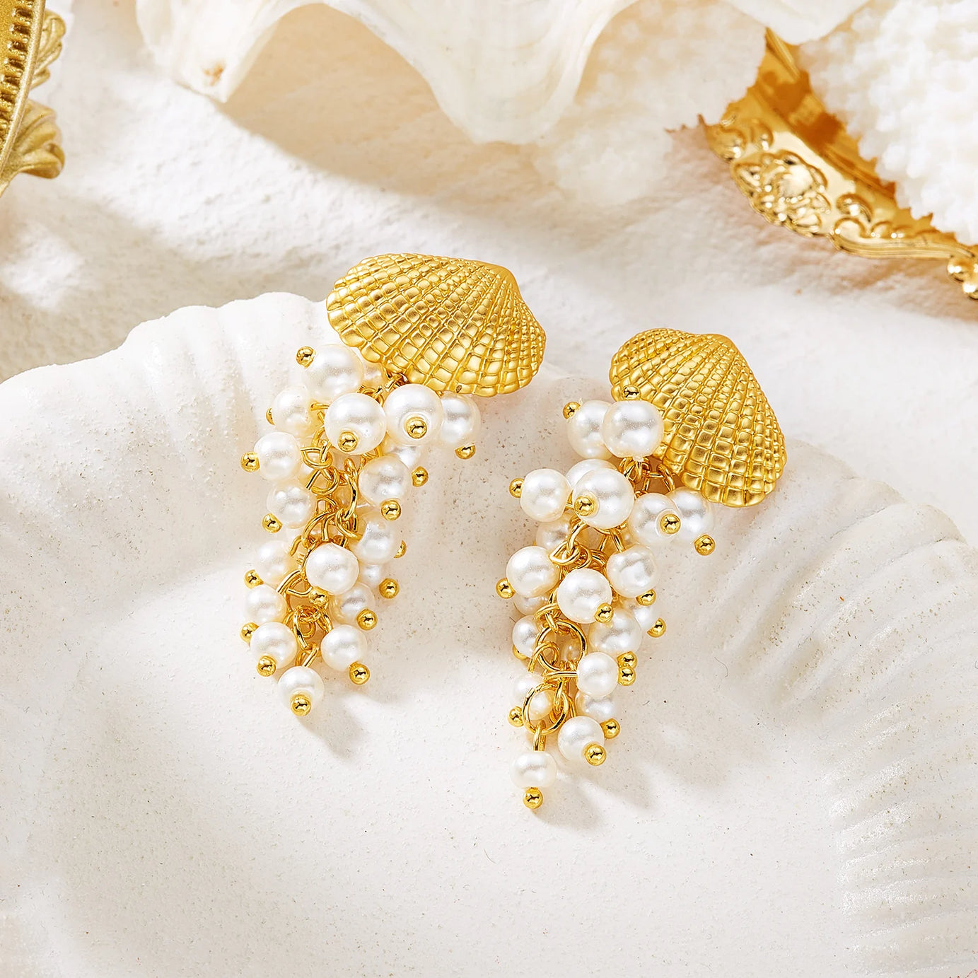 Pearl and Seashell Clustered Tassel Dangle Earrings