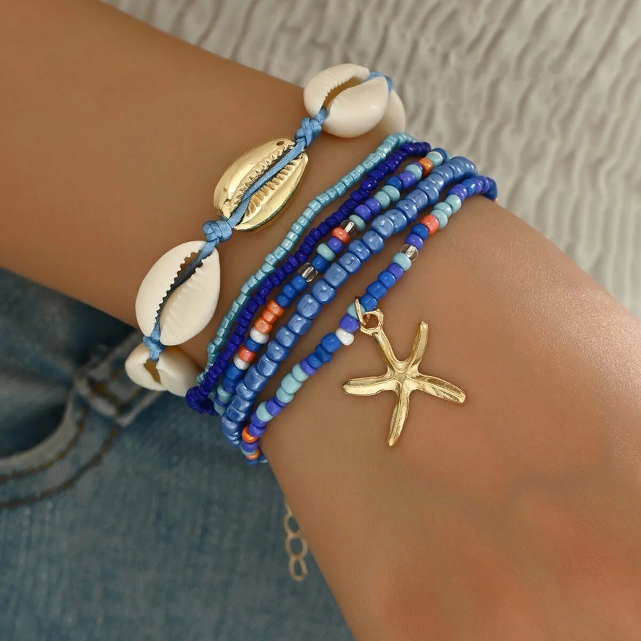 Shell, Starfish and Beaded Woven Bohemian Bracelet Set (7 Pieces)