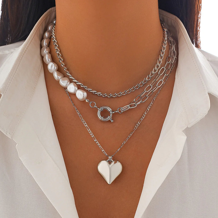 Heart Pendant Pearl Multilayer Necklace Jewelry