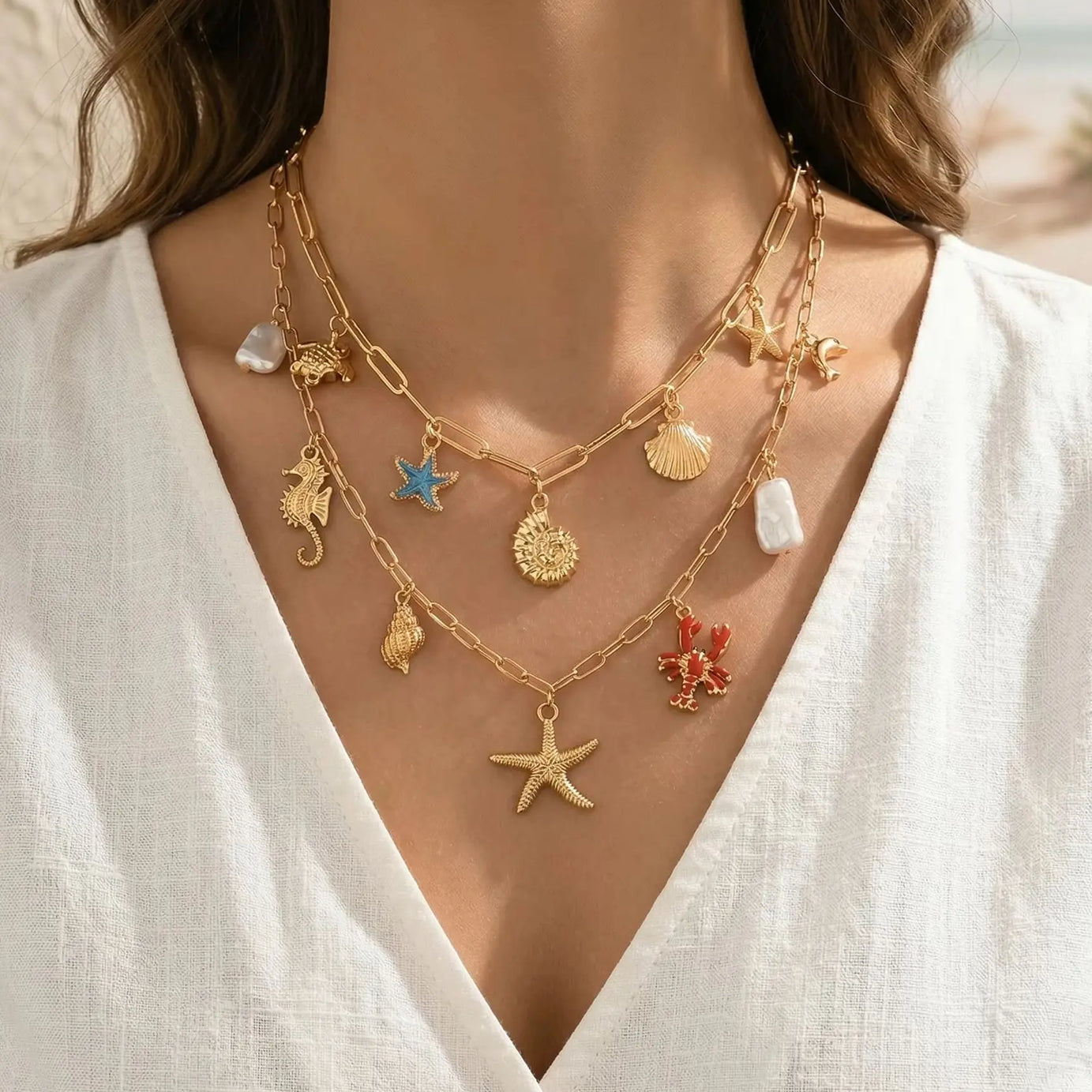 Layered Ocean Charm Paperclip Chain Boho Necklace Set