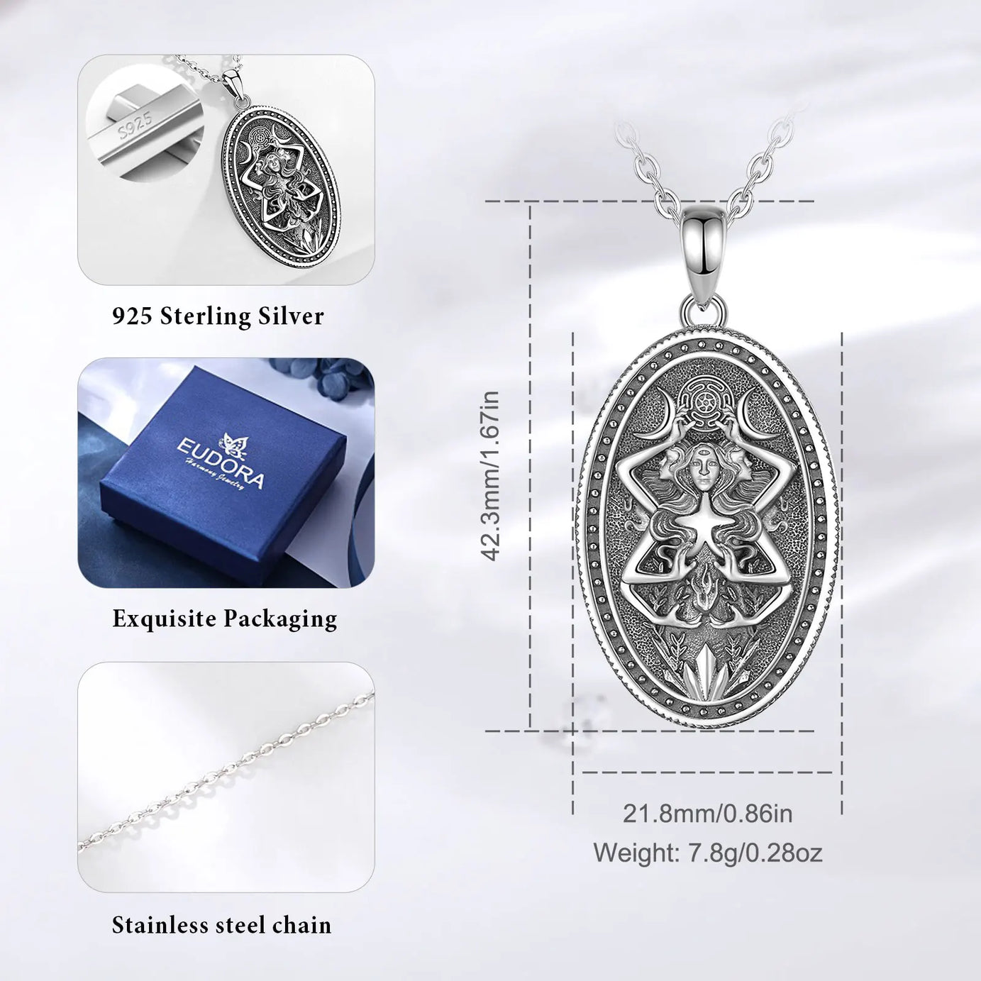 Triple Moon Goddess Hecate Wheel Necklace, S925 Sterling Silver