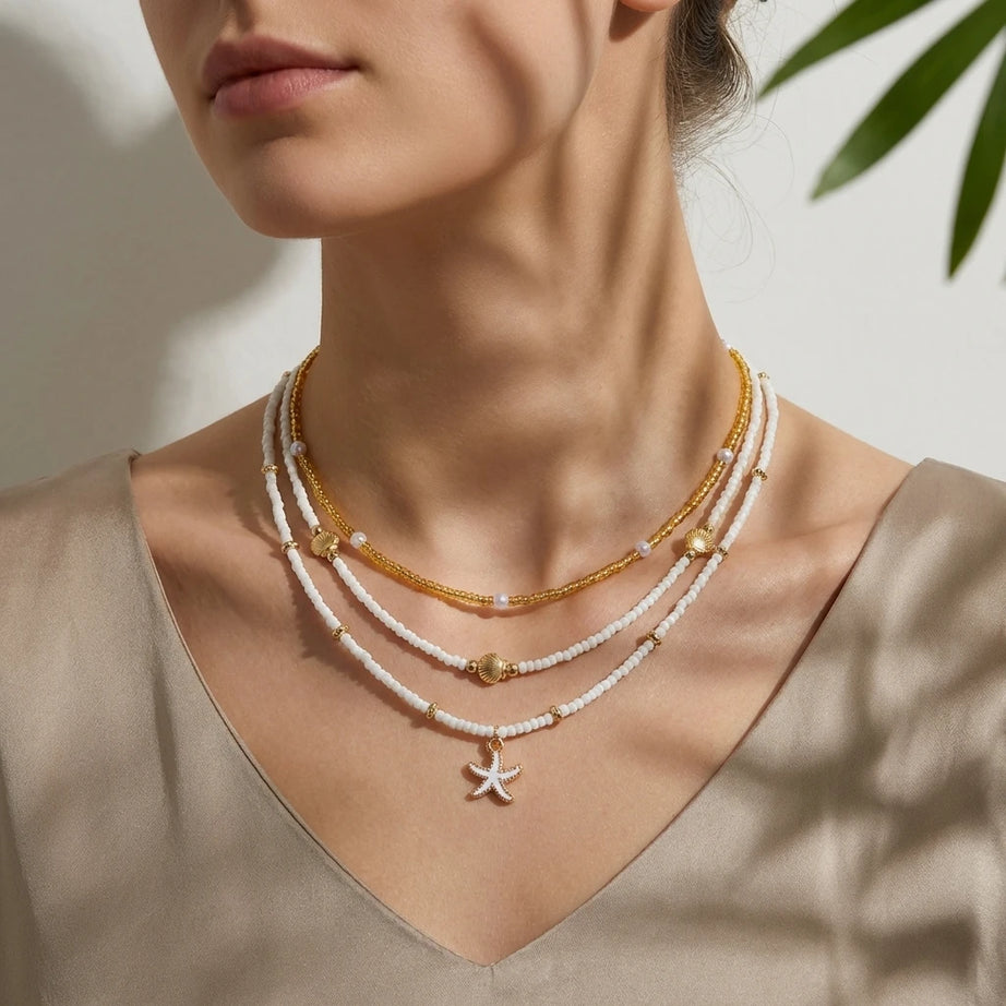 Ocean Layered Starfish and Shell Beaded Necklace Set