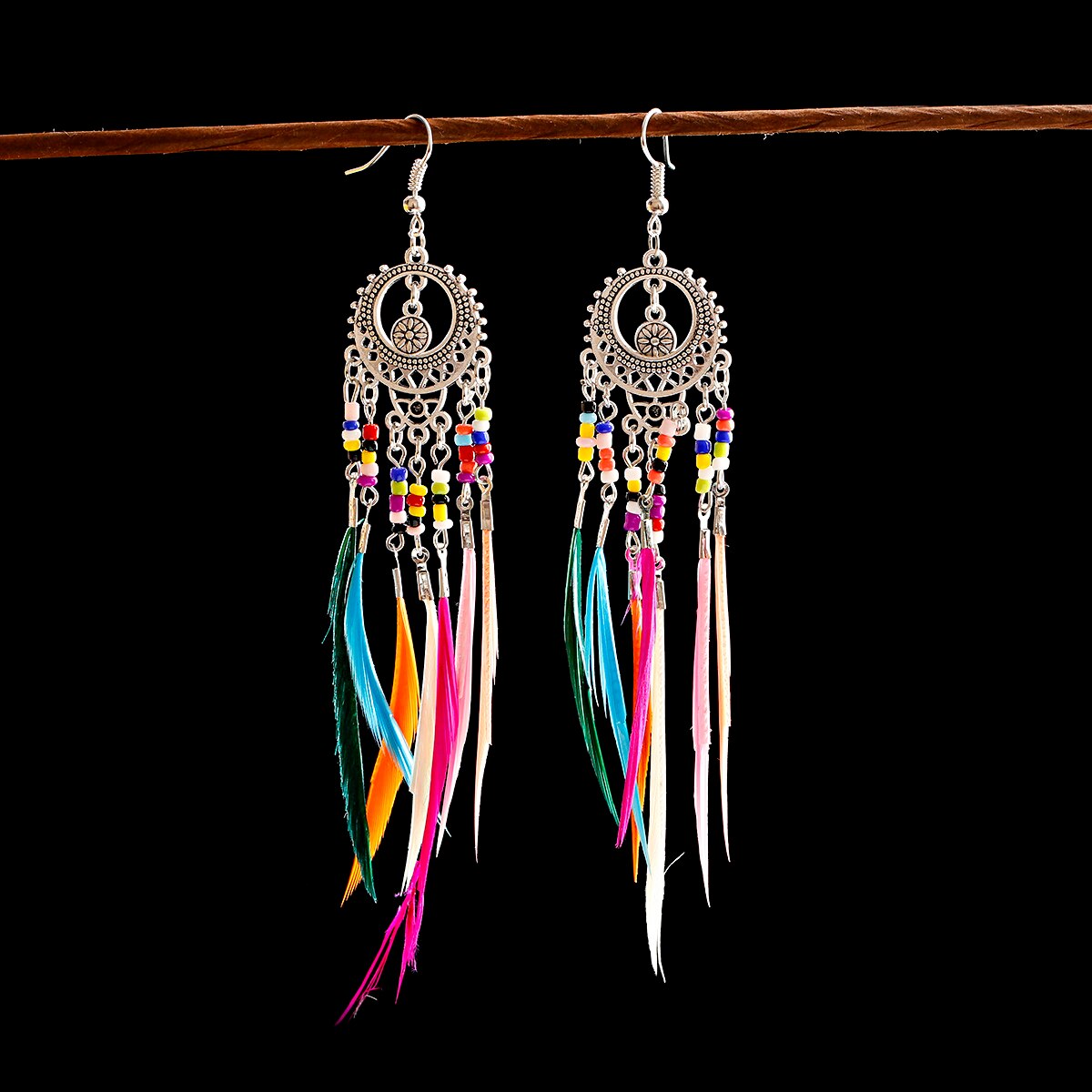 Bohemian Gold Color Long Alloy Tassel Earrings Women Kolczyki Vintage Wood Beads Feather Statement Earrings Fashion Jewelry 2019 - Charlie Dolly