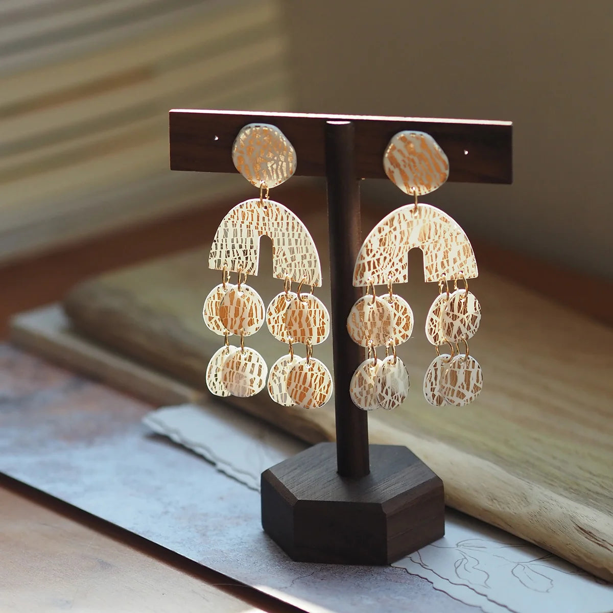 Boho Chic Metalic Textured Polymer Clay Statement Earrings Large Geometric Arch Drop with Round Fringe Aesthetic Jewelry Summer