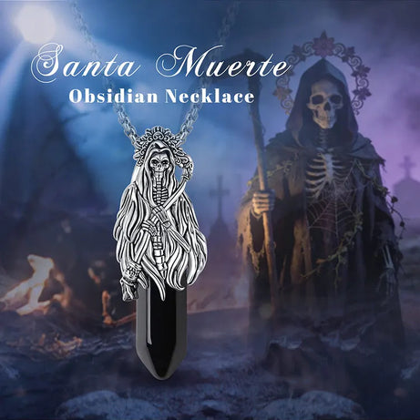 Natural Obsidian Santa Muerte Pendant Necklace, Holy Death Healing Crystal Devotional Amulet