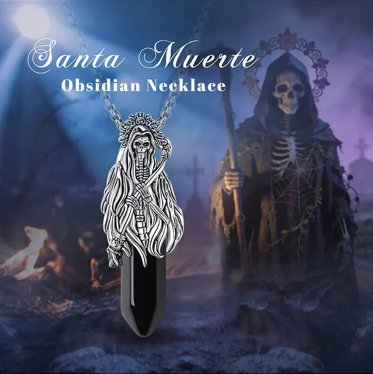 Eudora Obsidian Santa Muerte Necklace Holy Death Scythe Mexican Pendant Healing Crystal Stone Jewelry Spiritual Gift for Women