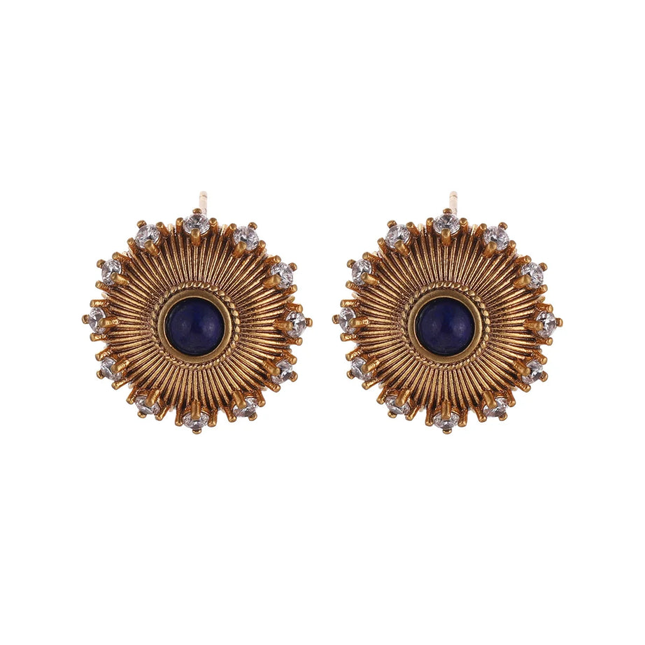 Women's Vintage Gold Plated Lapis Lazuli Sunburst Stud Earrings with Zircon Crystal Accents, Fashion Jewelry Gift - Charlie Dolly