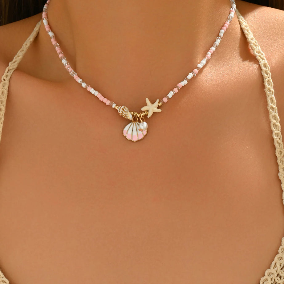 Pink Pearl and Shell Beaded Choker Necklace