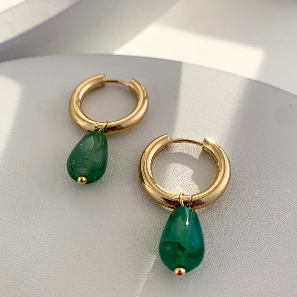 Vintage Transparent Green Natural Stones Teardrop Dangle Earrings for Women Simple Stainless Steel 18K Gold Plated Hoops Huggies