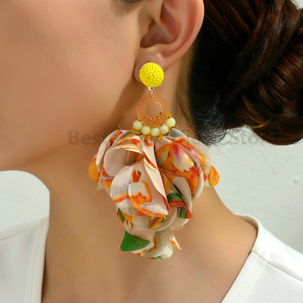 Charming Boho Long Hanging Dangle Earrings Acrylic Beads Elegant Petal Yarn Cute Sweet Fairy Fashion Statement Jewelry For Women