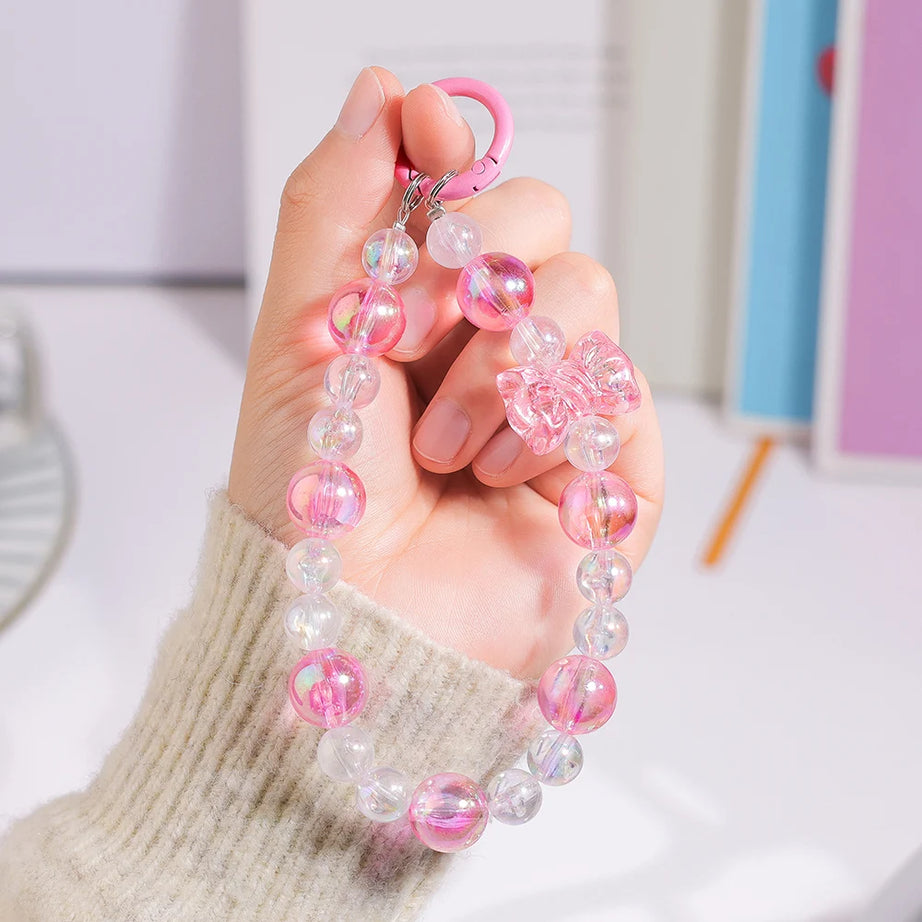 Pink Butterfly, Pearl and Bow Phone Strap Wrist Chain