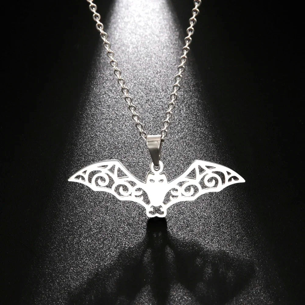 Skyrim Hollow Pattern Bat Stainless Steel Necklace for Women's Fashion Retro Punk Gothic Halloween Animal Hip Hop Jewelry Gift - Charlie Dolly