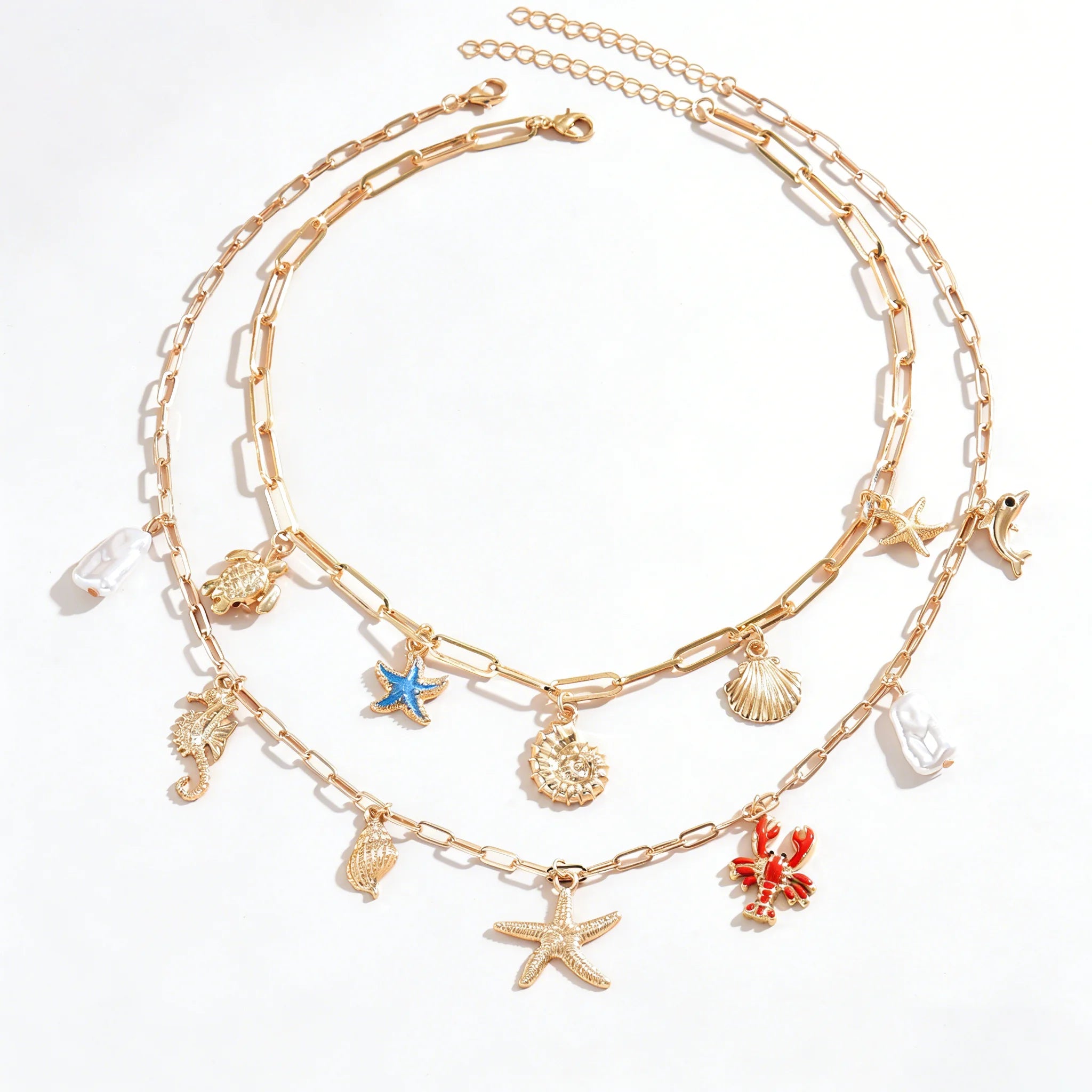 Boho Layered Ocean Charm Necklace Set Paperclip Chain Starfish Shell Seahorse Lobster Faux Pearl Summer Beach Jewelry for Women