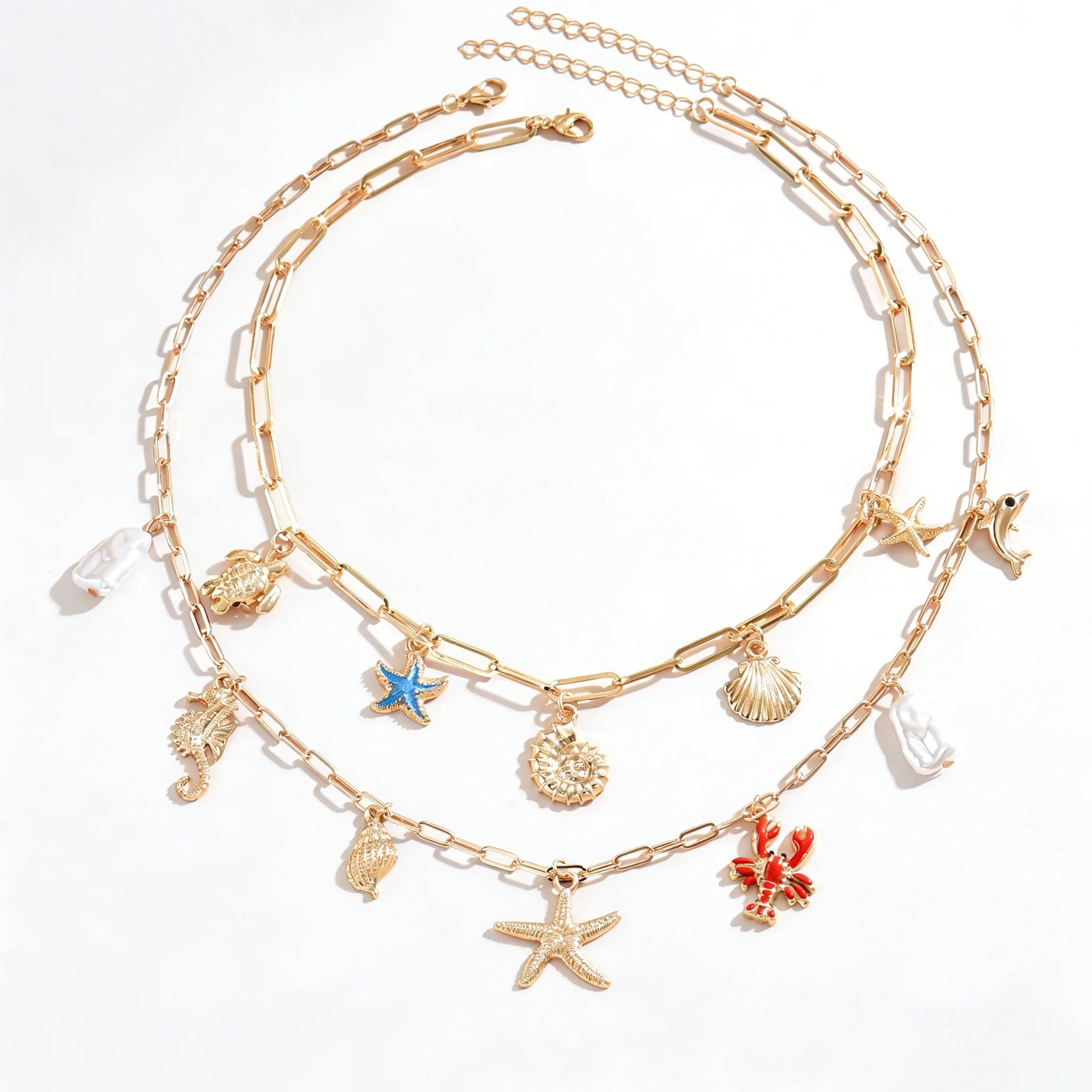 Layered Ocean Charm Paperclip Chain Boho Necklace Set