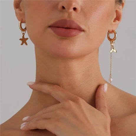 Starfish Mermaid Tail Hoop Tassel Earrings Jewelry