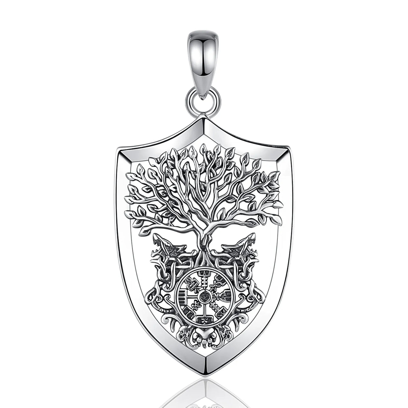S925 Sterling Silver Viking Yggdrasil Compass Pendant Necklace, Tree of Life Wolf Norse Amulet