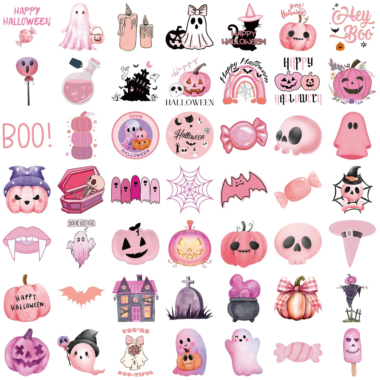 50PCS Kawaii Pink Halloween Ghost Skull Pumpkin Stickers Notebook Guitar Skateboard Waterproof Cute Decorative Sticker Toy - Charlie Dolly