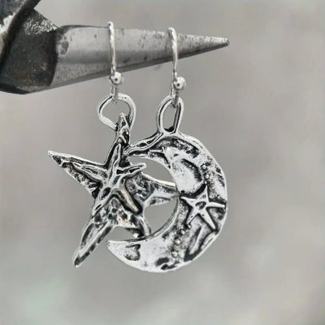 Silver Moon Star Celestial Dangle Earrings Jewelry