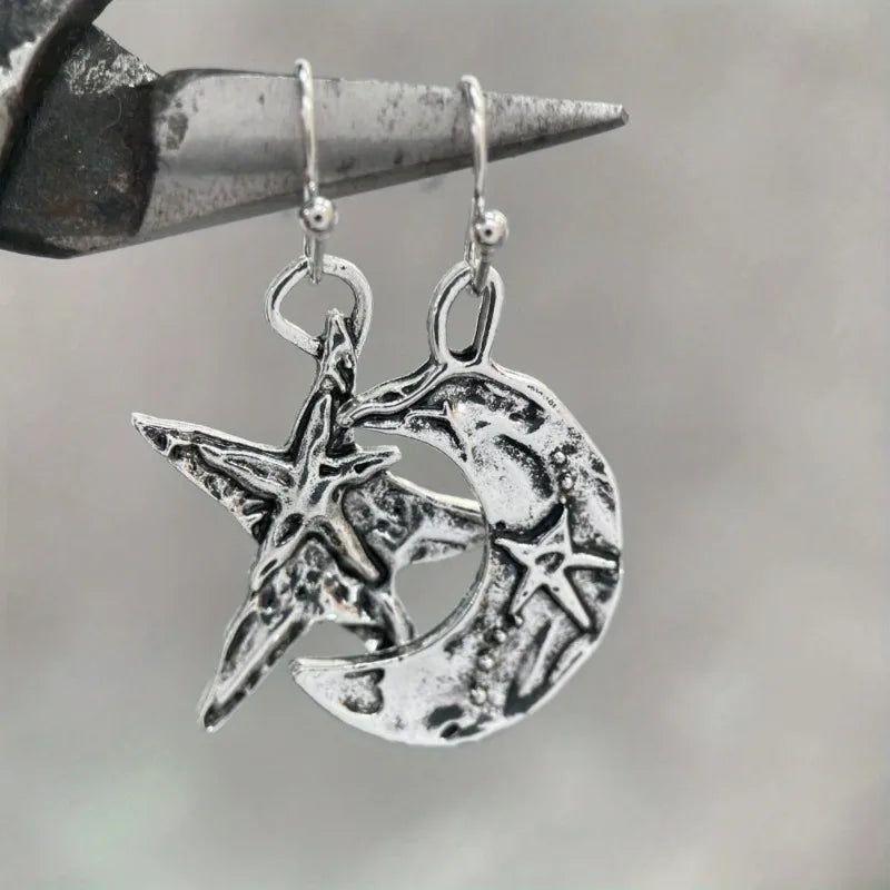 Retro Boho Moon And Star Silvery Dangle Earrings For Women Unique Daily Party Jewelry Birthday Anniversary Mother's Day Gift