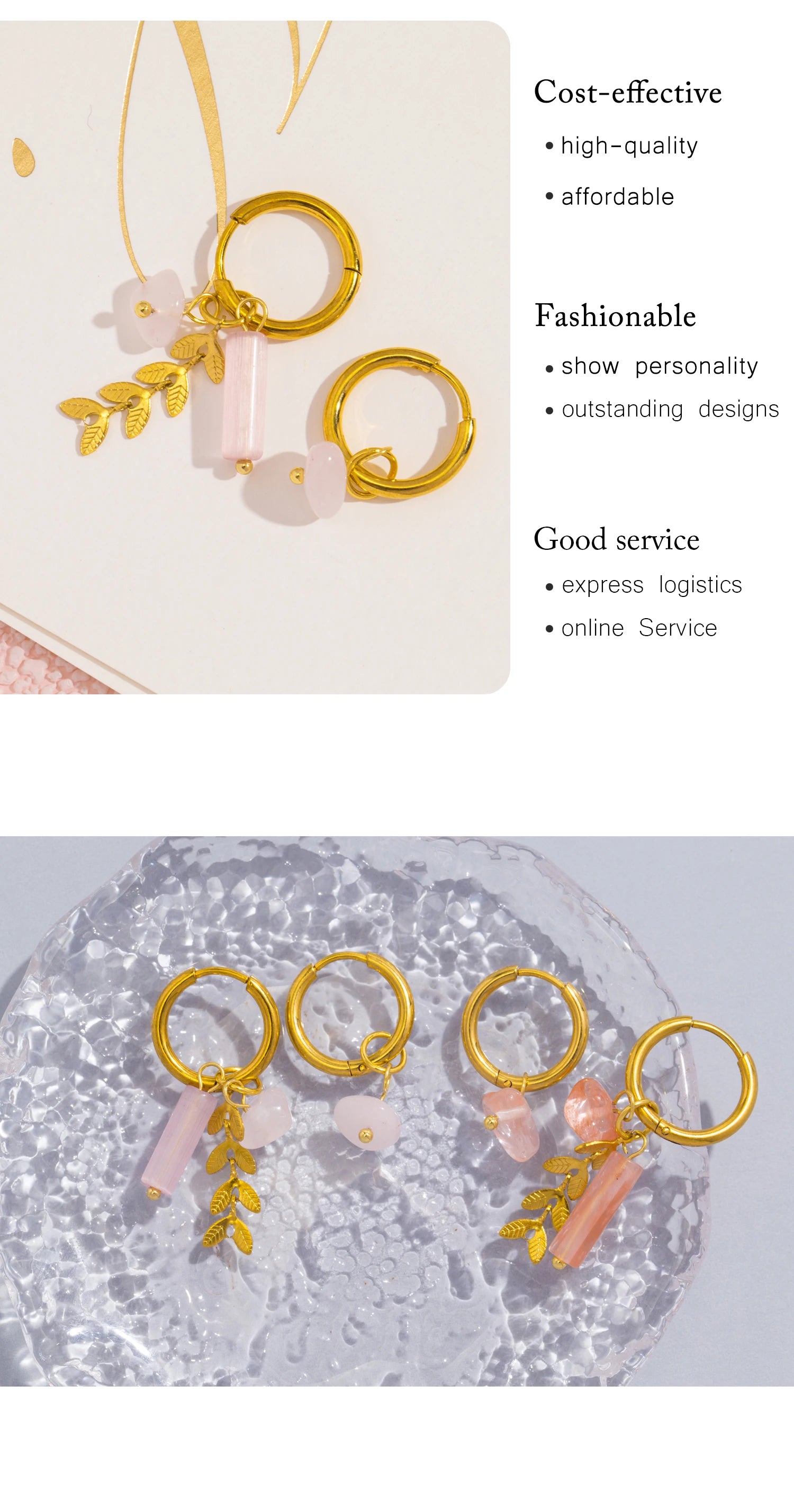UHBINYCA Stainless Steel 18K Gold PVD Plated Hoop Earrings for Women Trendy Pink Natural Stone Charms Drop Earring Jewelry Gift