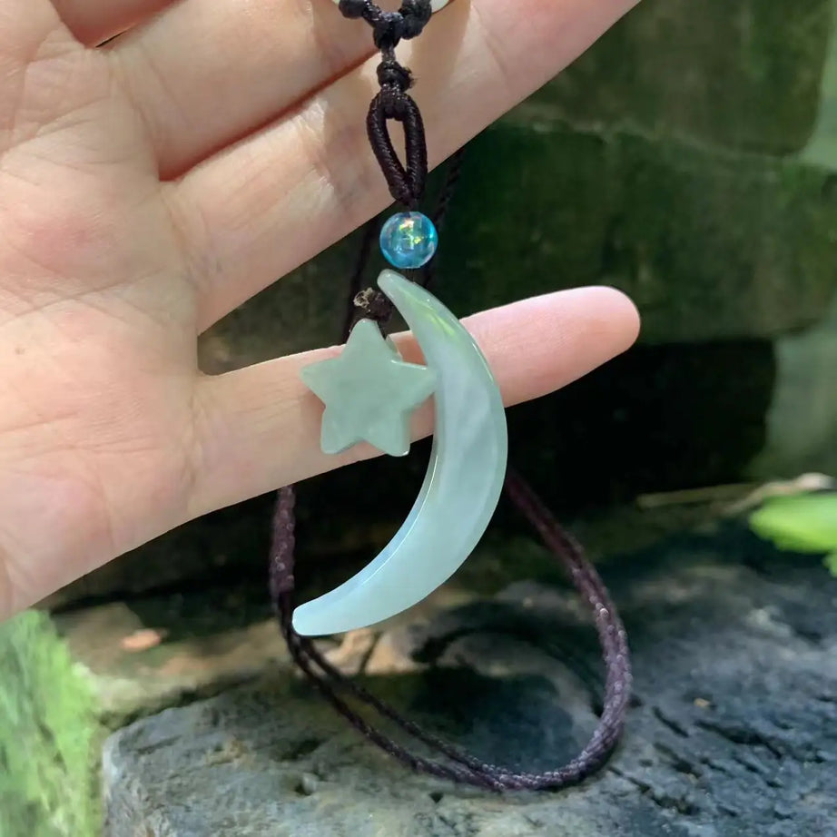 Grade A Natural Myanmar Jade Star Moon Pendant Necklace, Lucky Talisman