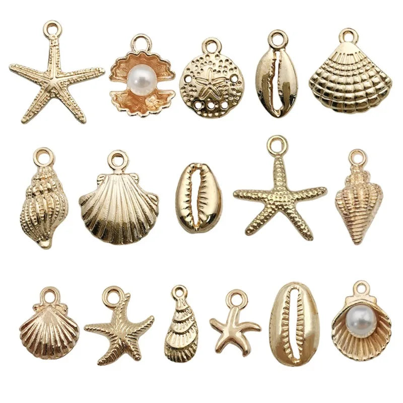 New 16pcs Gold Color Ocean Shell Conch Starfish Charms for Jewelry Making Necklace Key Chain Phone Chain DIY Materials Colorfast