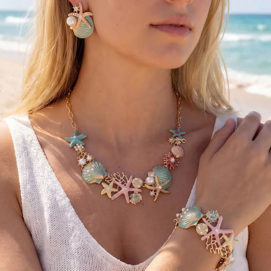 Starfish Shell and Coral Statement Necklace, Bracelet or Earring Set