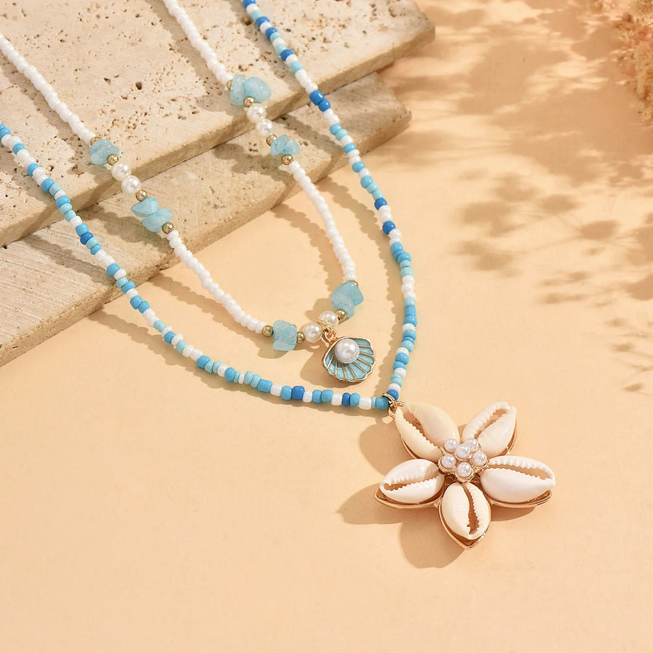 Layered Shell Flower Boho Necklace Set (2 Pieces)
