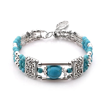 Vintage Bohemian Natural Stone Bracelet For Women Handmade Jewelry Blue Round Beads Carved Boho Bracelets Bangles Femme Pulseras