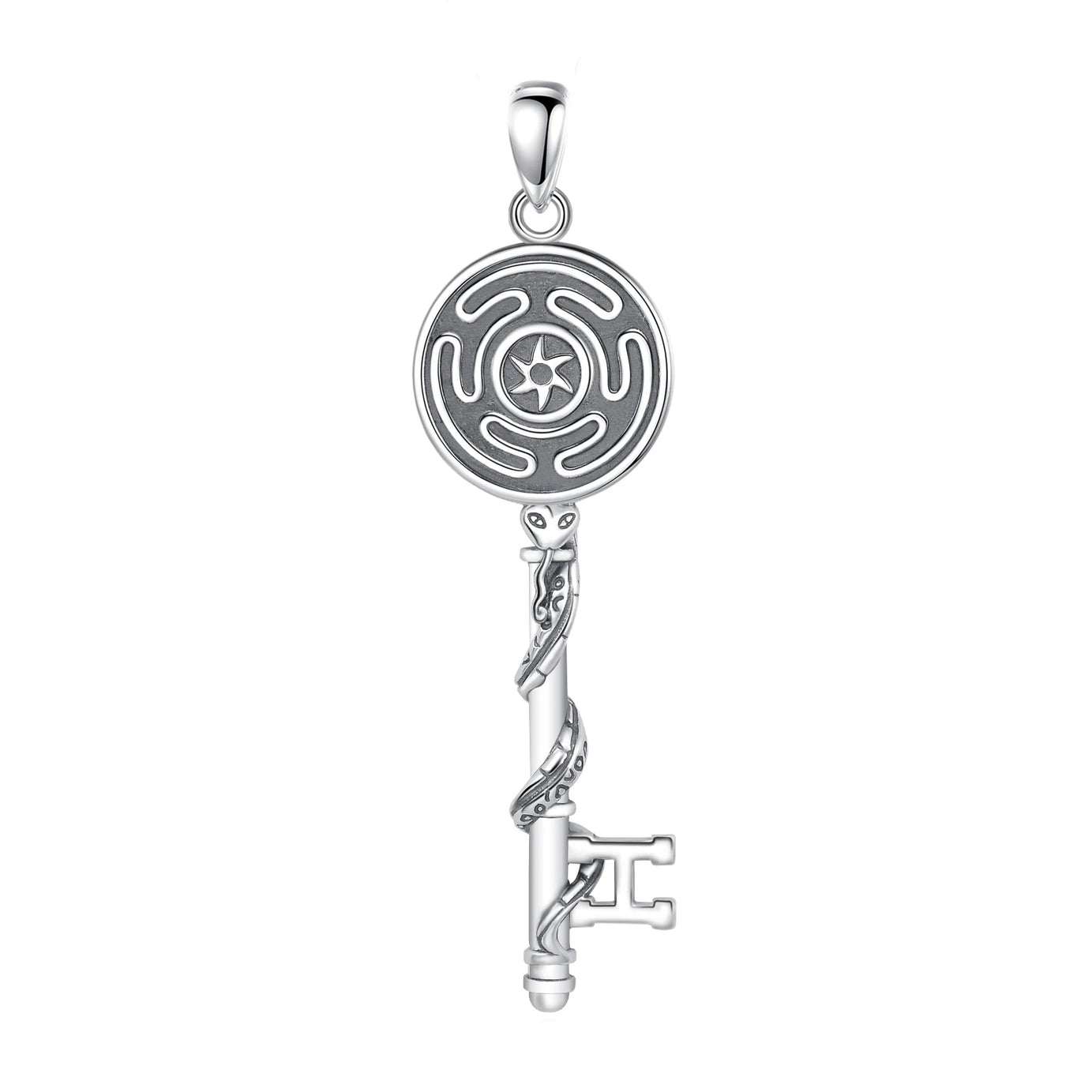 S925 Sterling Silver Hecate Wheel, Snake & Key Pendant Necklace, Triple Goddess Witch Pagan Amulet