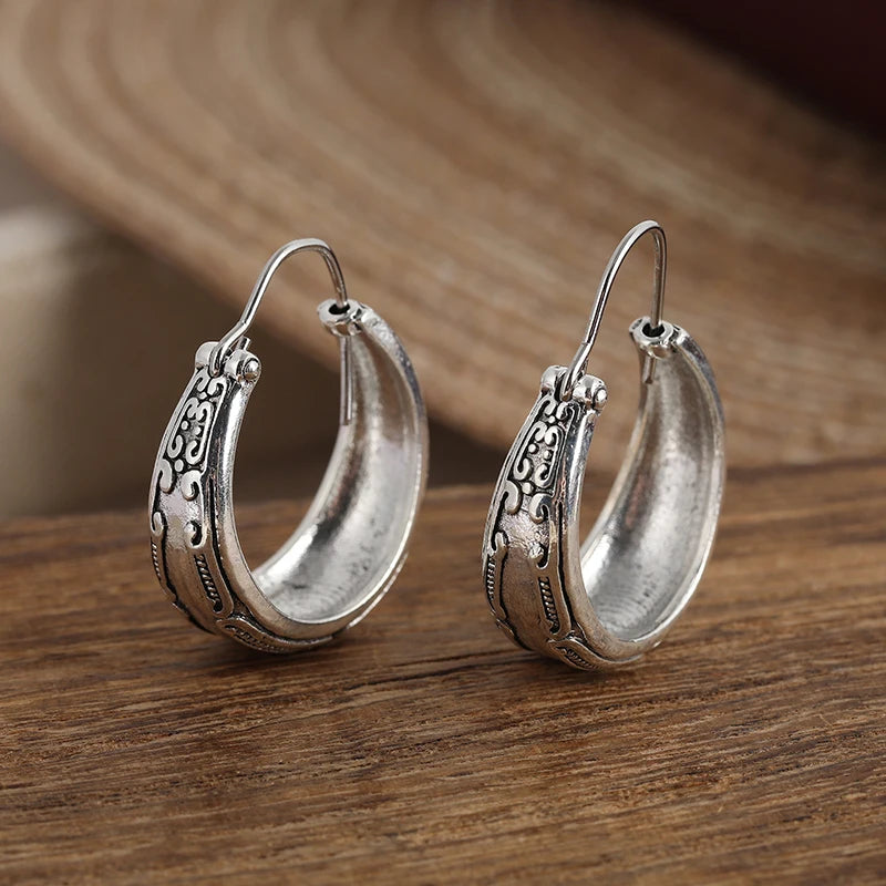 Boho Earrings, Silvery Color Women Earrings, Artisian Earrings , Gift for Her , Silvery Textured Hoop Earrings