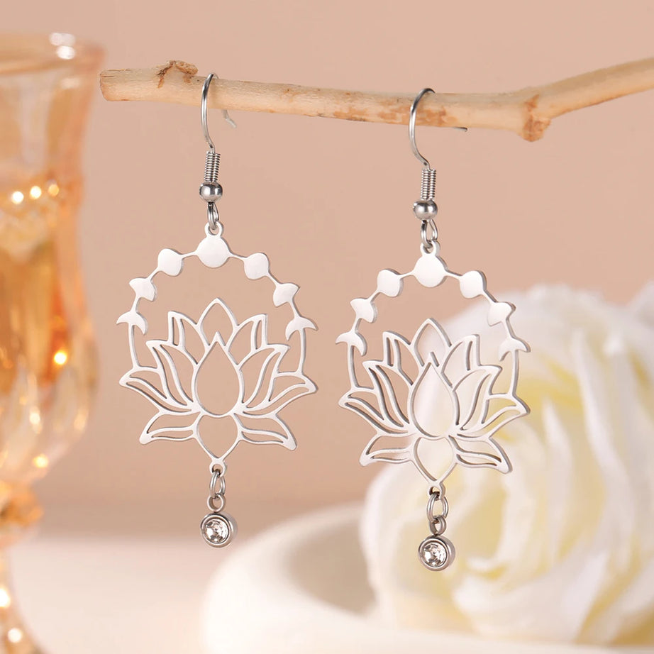 Moon Phase Lotus Dangle Earrings