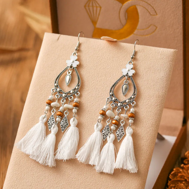 Fashion Bohemian Heart Flower Enamel Geometric Tassel Earrings For Women Irregular Stone Beads Handmade Boho Wedding Jewelry