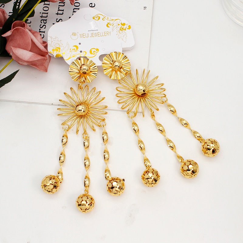 Long Hanging Earrings For Women Dubai African Beads Flower Drop Dangle Earring 24K Gold Plated Copper Fashion Jewelry Accessory - Charlie Dolly