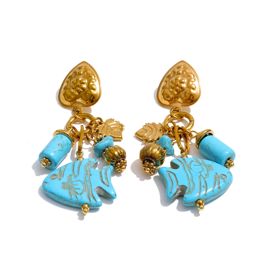 Blue Stone Fish Drop Earrings, 18K Gold Ocean Summer Stainless Steel Jewelry
