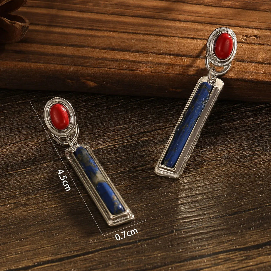 Retro Bohemian Rectangular Lapis Lazuli earrings, Fashionable Bluestone pendant, women's Jewelry Accessories - Charlie Dolly