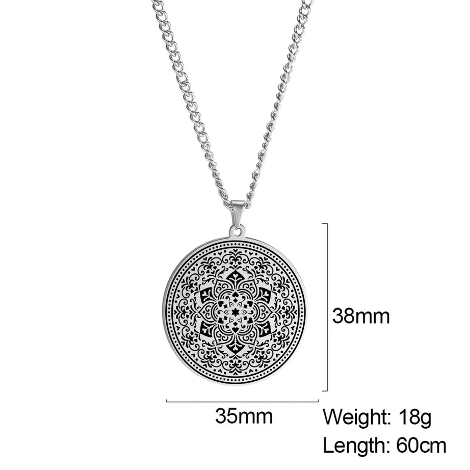 Lotus Chakra Mandala Pendant Necklace, Stainless Steel Buddhist Hindu Meditation Amulet