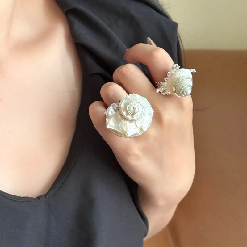 Natural Sea Snail Shell Ring Handmade Wire Wrapped Pearl Open Cuff Ring Beach Boho Statement Jewelry for Women