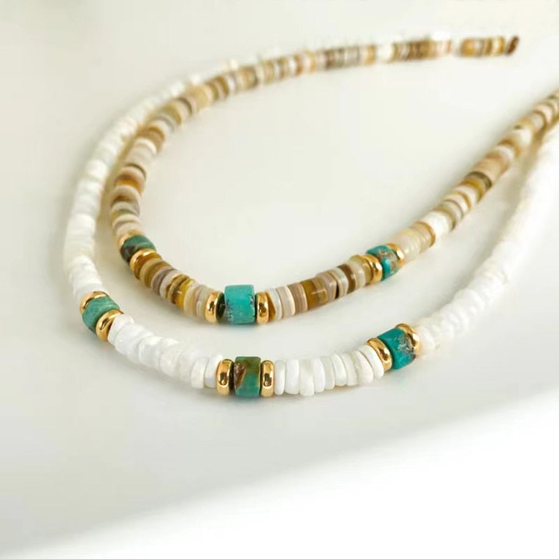 Retro Classic Natural Shell Blue Turquoise Mix and Match Necklace 2022 Summer Trendy Simple Beach Travel Vacation Neck Accessory - Charlie Dolly