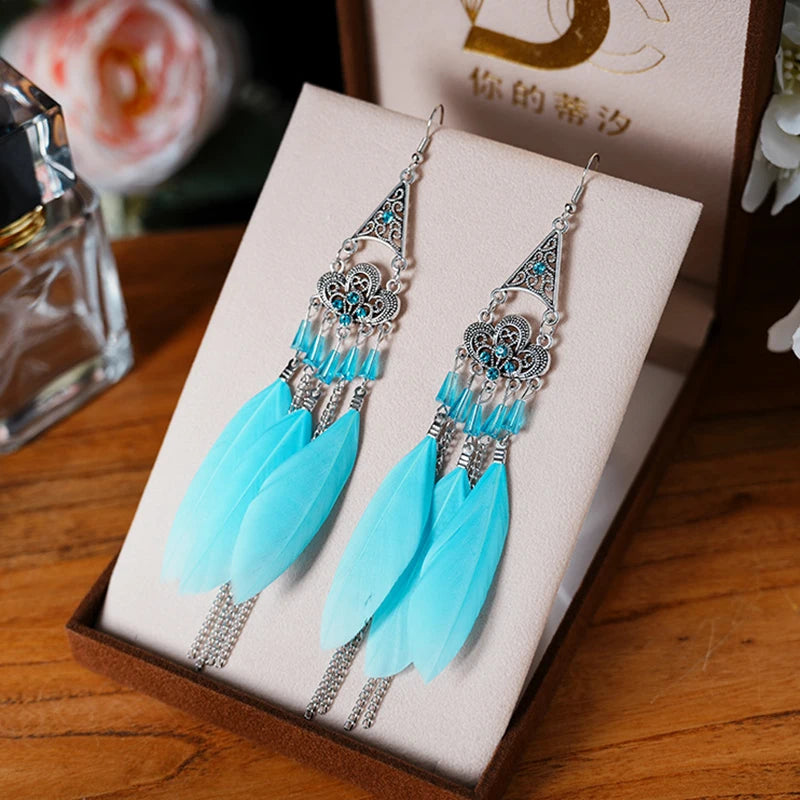 Blue Fashion Boho Temperament Water Drop Feather Earrings for Women Long Crystal Rhinestone Drop Oil Dangle Earring Jewelry