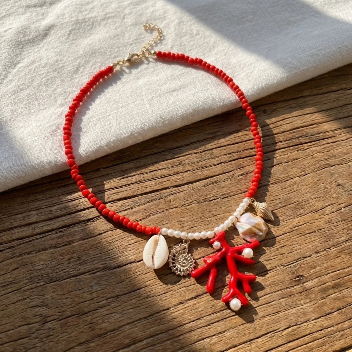 Summer Rice Beads Resin Coral Shell Pendant Necklace For Women Men Boho Summer Conch Choker Vacation Party Fashion Jewelry Gifts