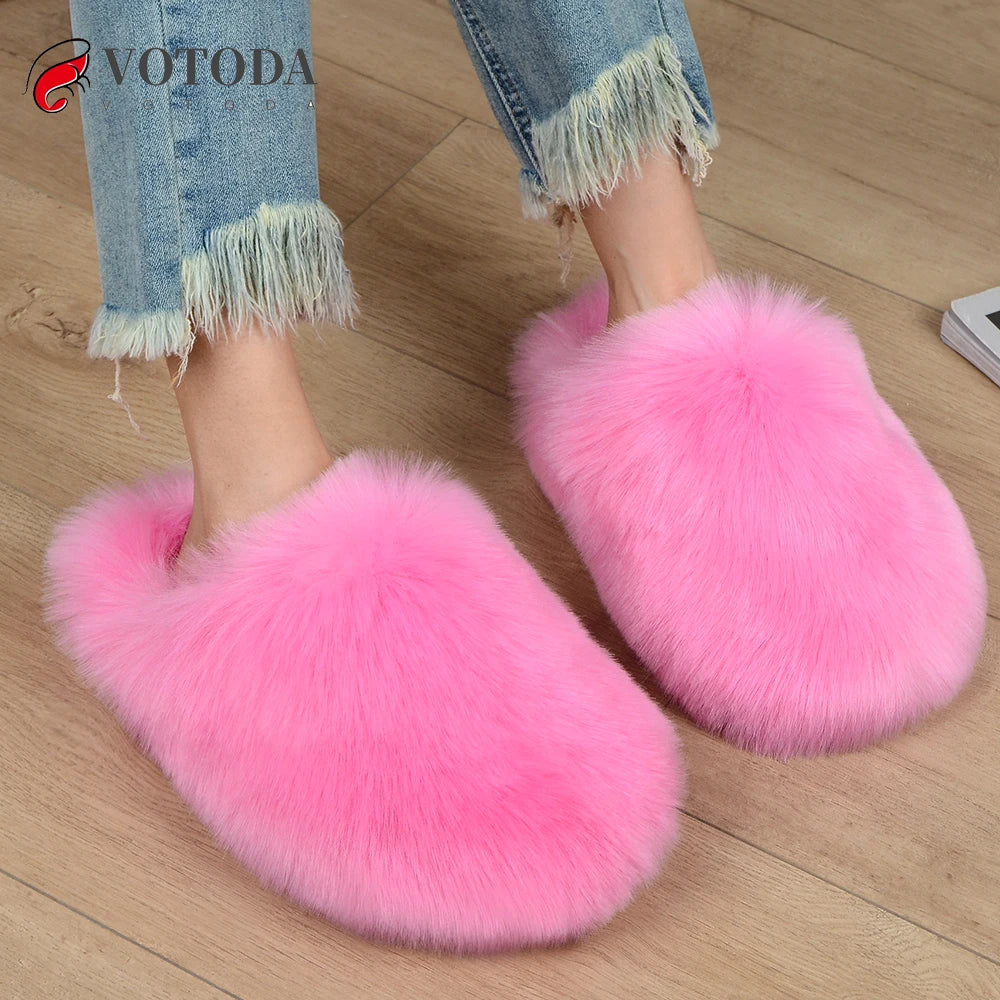 New Winter Women Fur Slippers Furry Raccoon Fox Fur Slides Faux Fur Plush Fuzzy Flip Flop Warm Fluffy Slipper Luxury Shoes Woman - Charlie Dolly