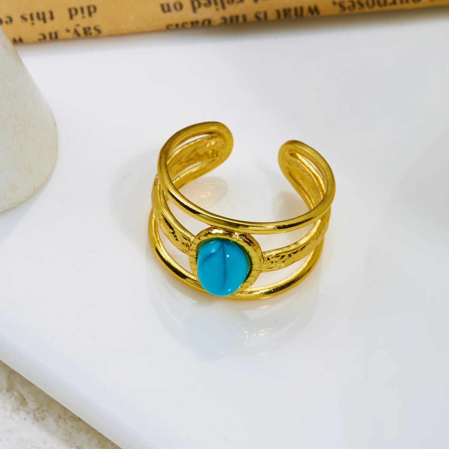 Vintage Boho Turquoise Tiger Eye Stone Rings For Women Stainless Steel Natural Stone Open Finger Ring Party Aesthetic Jewelry