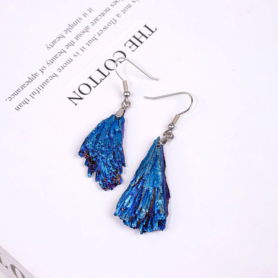 Aura Blue Tourmaline Feather Drop Earrings, Healing Crystal Chakra Boho Jewelry