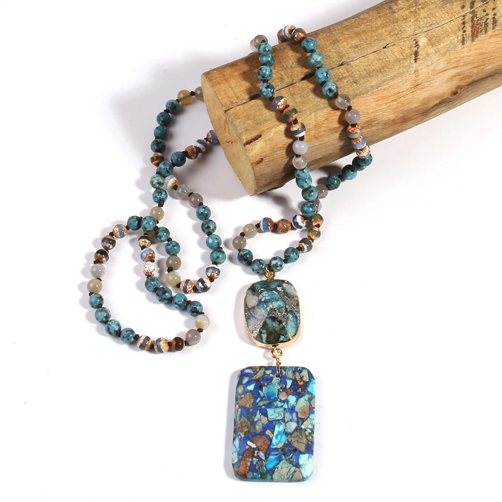 RH Fashion Bohemian Jewelry Natural Stones Crystal Stone Knotted Semi Precious Stone Boho Multi Pendant Necklace Women Gift