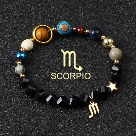 Eight Planets & Twelve Zodiac Beaded Bracelet, Natural Stone Cosmic Astrology Talisman