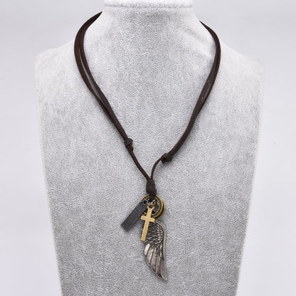 Feather Angel Wings Necklace & Pendants Vintage Brown Leather Neckless for Women Men Jewelry Boys Necklace Statement Necklace